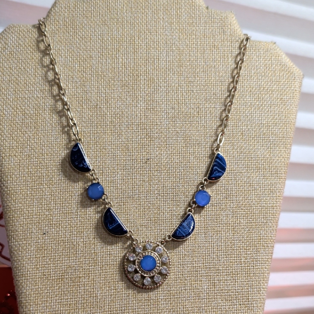 Vintage Gold Navy Blue Marbled Half Moon Rhinestone Medallion Necklace Boho Y2K